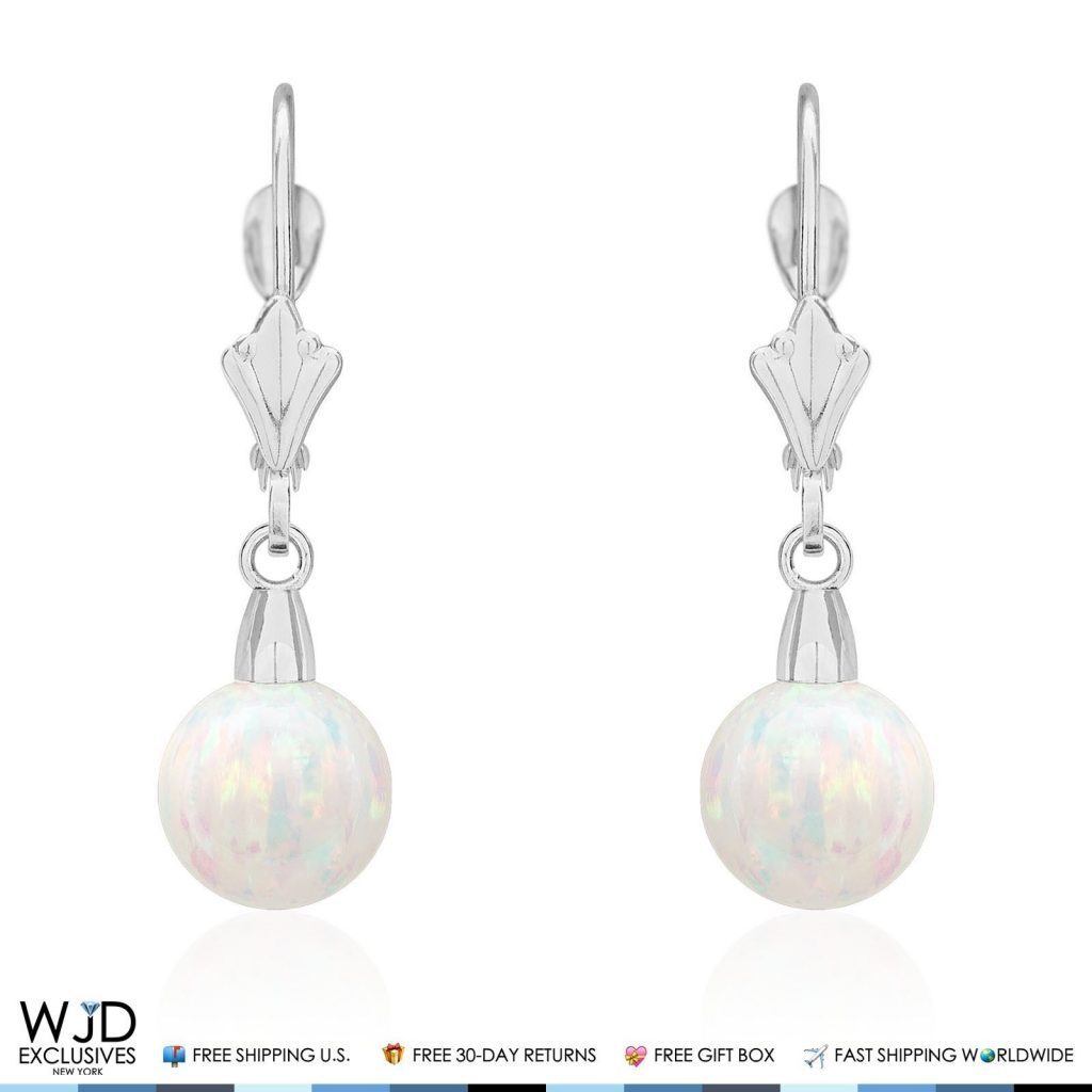 8 mm Ball Shaped White Fire Opal Leverback Dangle Earrings 14K Solid White Gold