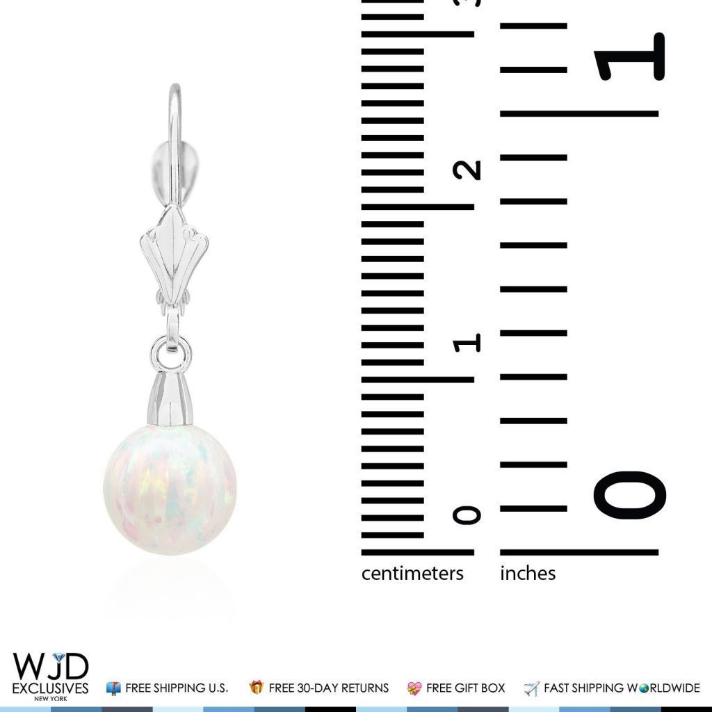 8 mm Ball Shaped White Fire Opal Leverback Dangle Earrings 14K Solid White Gold