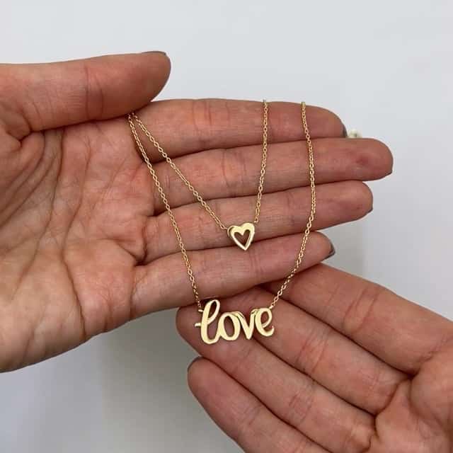 10K Yellow Gold Multi Layered Cable Chain Heart "Love" Pendant Necklace 17"