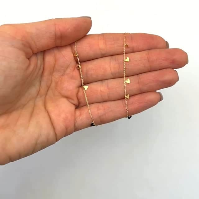 14K Yellow Gold Dangling Hearts Cable Chain Necklace 16"-18" Adjustable