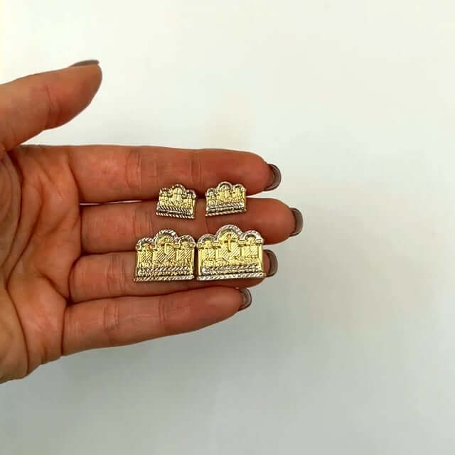 10K Gold Two-Tone Yellow White Diamond-Cut Last Supper Stud Earrings 10mm-16mm