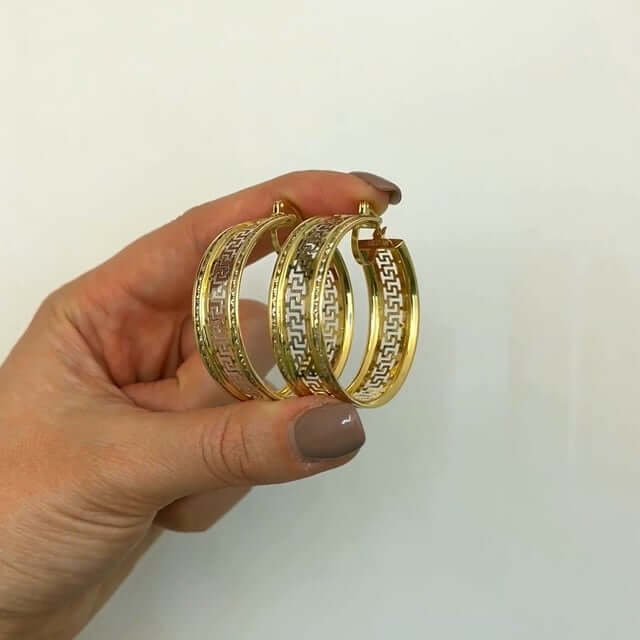 14K Gold CZ Channel-Set All Around Greek Key Hoop Earrings