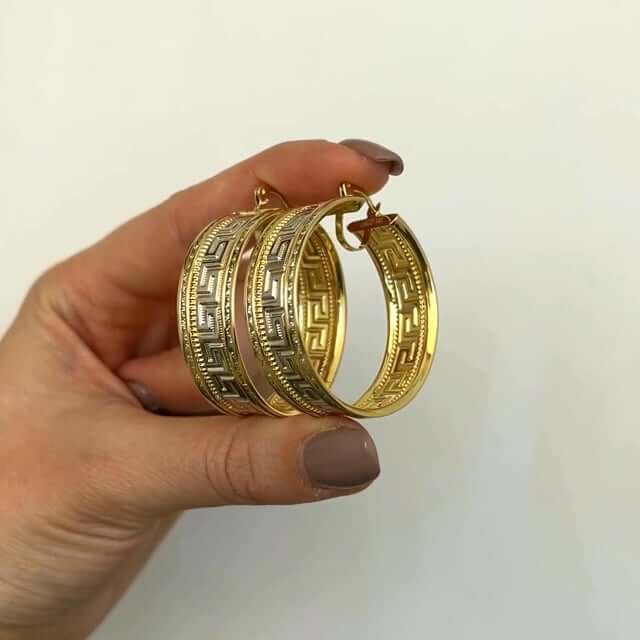 14K Gold CZ Channel-Set All Around Greek Key Hoop Earrings
