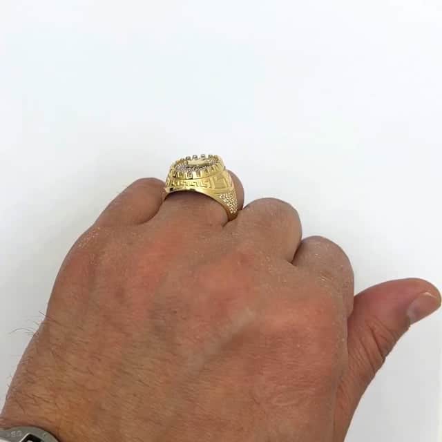14K Gold Yellow CZ Royal Crown Greek Key Signet Ring