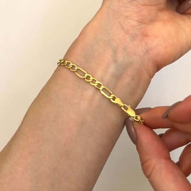 14K Real Gold 4.5mm Hollow Figaro Heart Charm Bracelet 7"