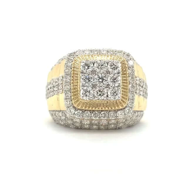 5CTW Real Diamond 14K Yellow Gold Ribbed Bold Square Cluster Signet Ring