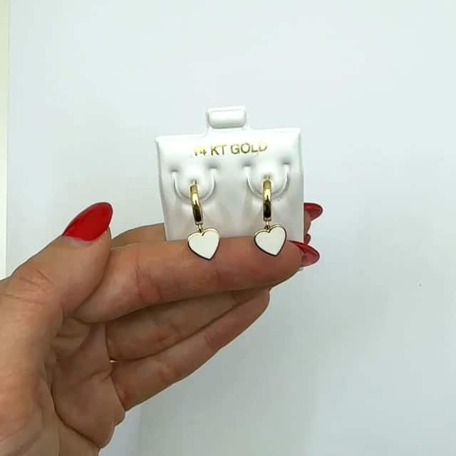 14K Gold White Enamel Heart Huggie Hoop Earrings 22mm