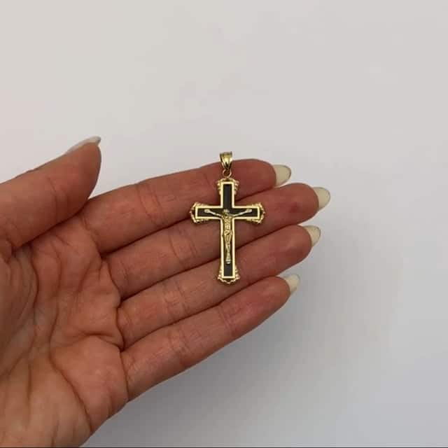 14K Gold Black Religious Crucifix Cross Pendant 1.6"
