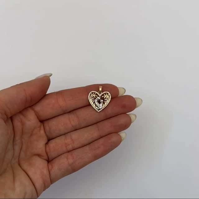 0.11CTW Real Diamond 10K Gold Yellow Rose Mother Child Heart Pendant 0.75"