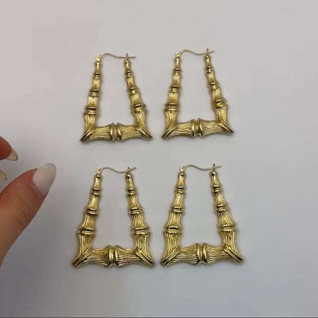 10K Yellow Gold Rectangular Bamboo Hoop Earrings 50mm-60mm