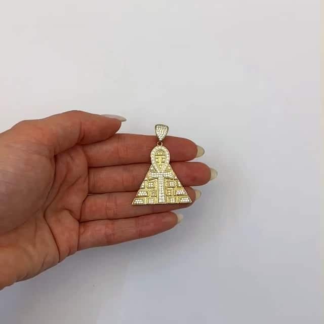 10K Yellow Gold CZ Egyptian Ankh Pyramid Pendant 1.7"
