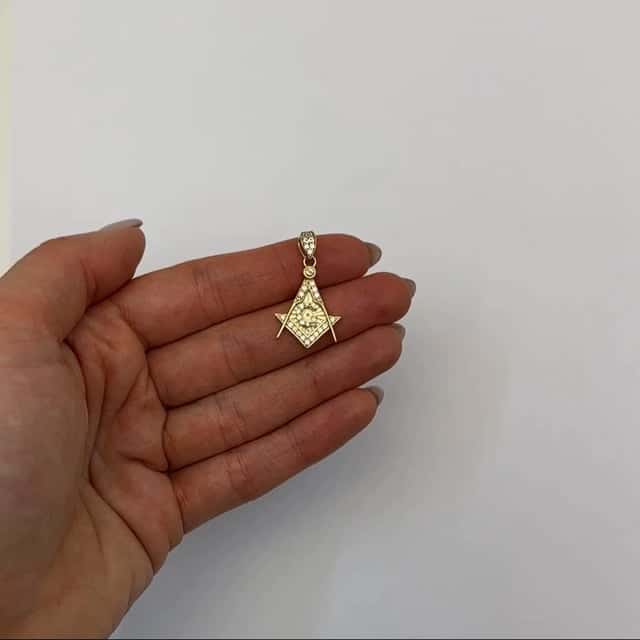 10K Yellow Gold CZ Freemason Square Compass Masonic Pendant 1.1"