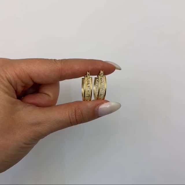 10K Yellow Gold All Around Greek Key Textured Hoop Earrings 20mm