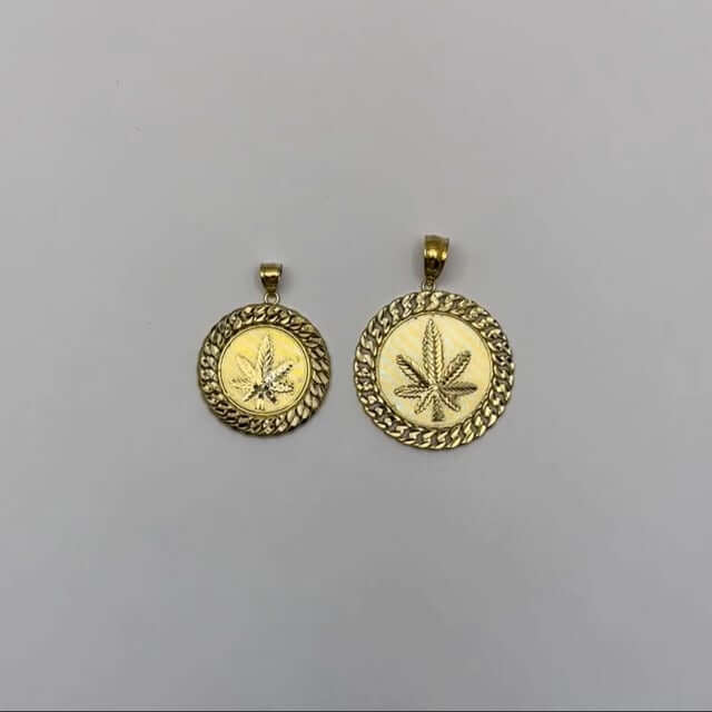 10K Real Gold Marijuana Hemp Leaf Miami Cuban Border Round Pendant 1.7"-2.1"