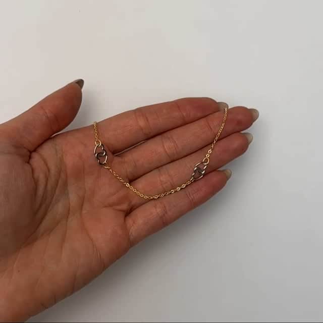 14K Gold Two-Tone Yellow White Interlocking Hearts Anklet Bracelet 9"-10" Adjust