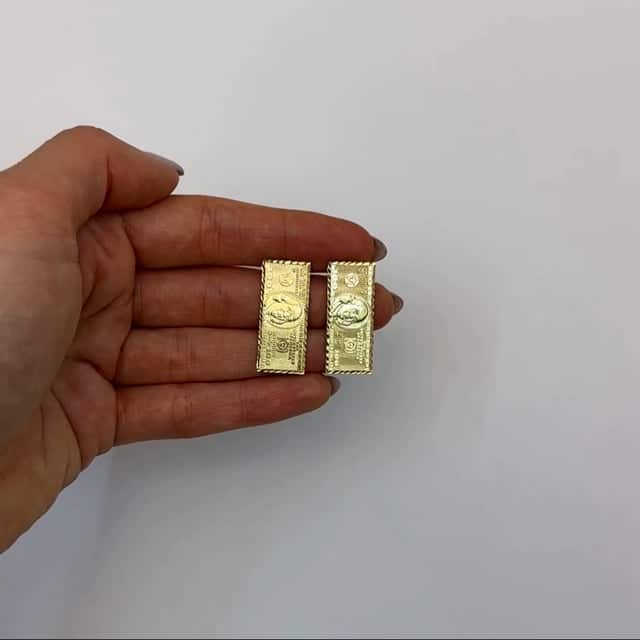 10K Yellow Gold 100 Dollar Bill Stud Earrings 30mm