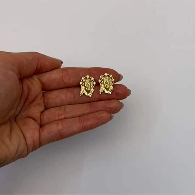 10K Real Gold Jesus Face Stud Earrings 17mm