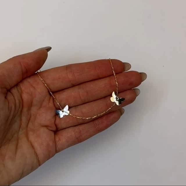 14K Gold Two-Tone Yellow White Butterfly Anklet Bracelet 10"