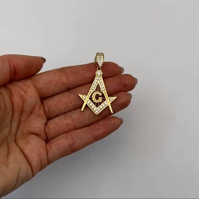 10K Yellow Gold CZ Master Mason Freemason Pendant 1.8"