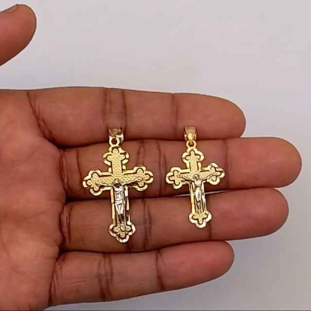 14K Real Gold Two-Tone White Yellow Jesus Crucifix Cross Pendant 1.4", 1.7"
