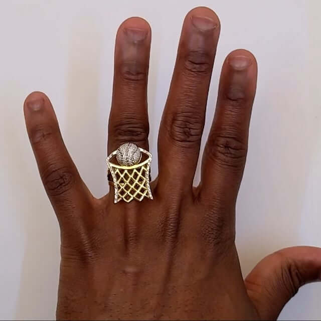 10K Gold Two-Tone Yellow White Diamond Cut Basketball Hoop Signet Ring