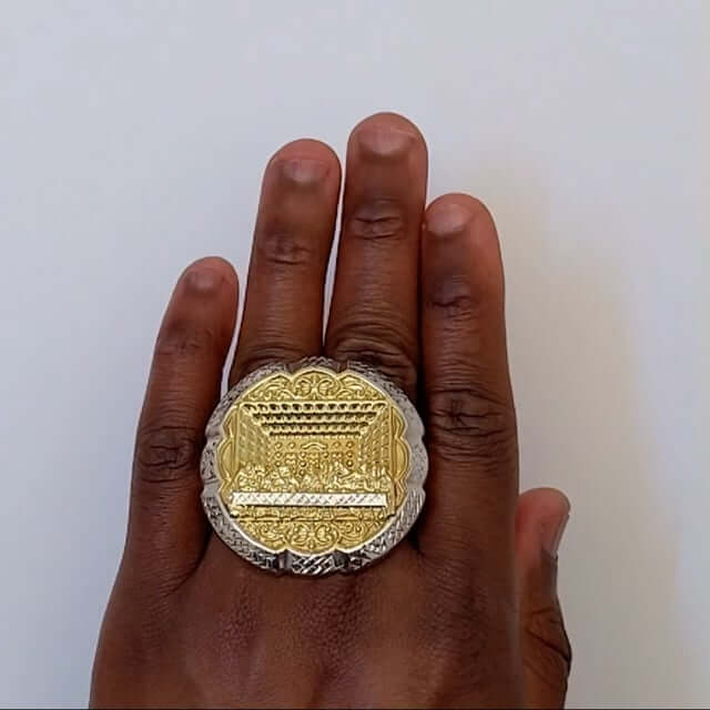 10K Gold Two-Tone White Yellow Round Last Supper Two-Finger Ring