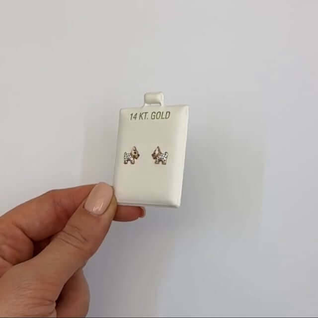 Kid's 14K Real Gold White Enamel Dog Screw Back Stud Earrings 7.5mm