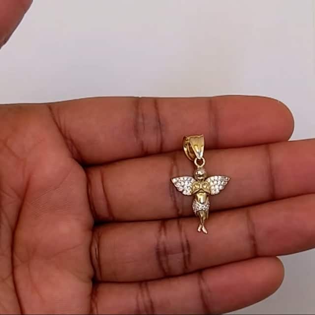 10K Gold Two-Tone Yellow CZ Praying Cherub Angel Pendant 1.2"