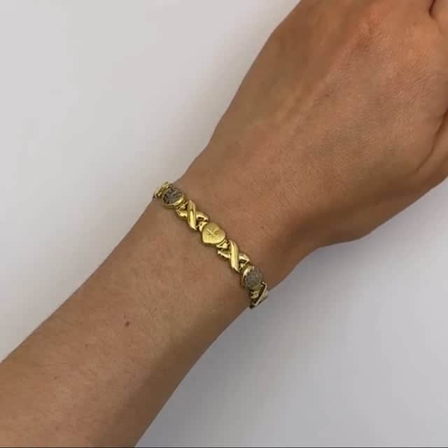 10K Gold Two-Tone Yellow White 8mm Diamond-Cut Stampato Hearts XO Bracelet 7.5"