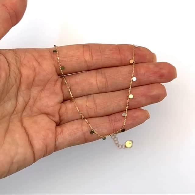 14K Tri-Color Gold Dangling Circles Cable Chain Necklace 16"-18" Adjustable