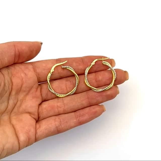 14K Gold Yellow Two-Tone White 3mm Twisted Round Hoop Earrings 25mm