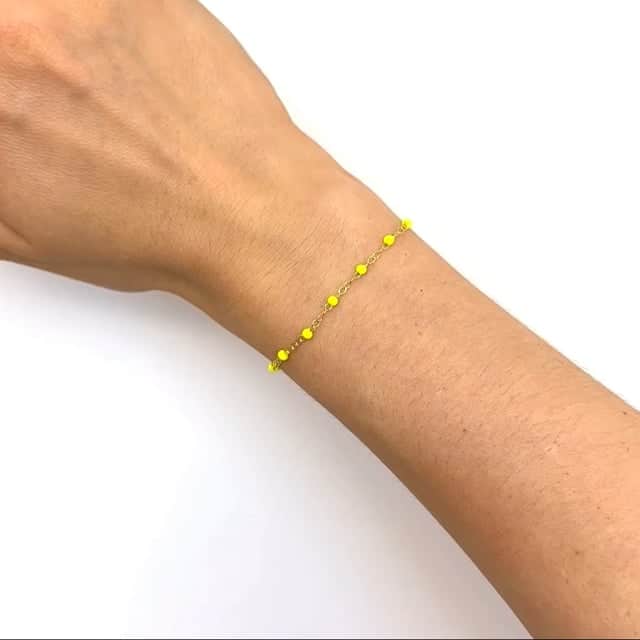 14K Gold Neon Yellow Pink Enamel Bead Piatto Cable Bracelet 6.5"-7.5" Adj