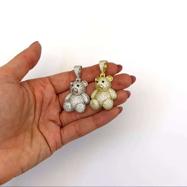 Sterling Silver 4.20CTW CZ Yellow White Pave Bear Pendant 1.6"