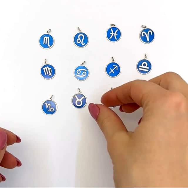 Sterling Silver Round Blue Zodiac Signs Pendant 0.7"