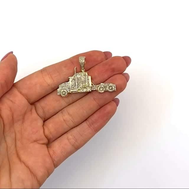 0.85CTW Real Diamond 10K Real Gold Semi Trailer Truck Pendant 1"