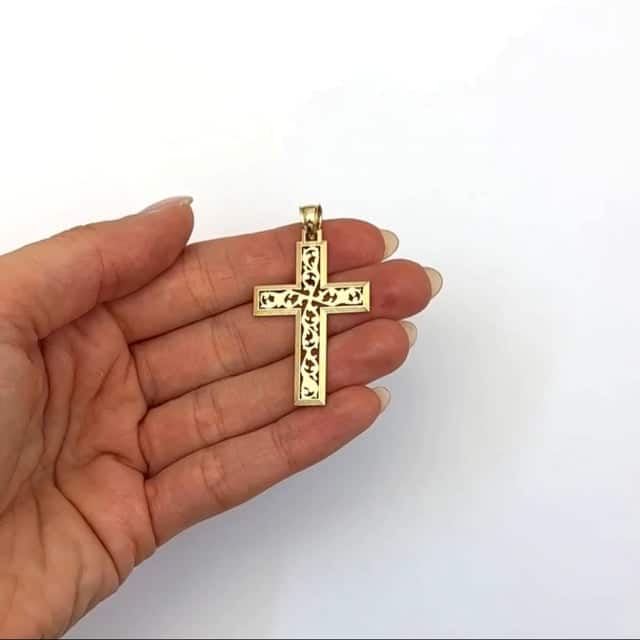 14K Yellow Gold Vine Ornament Cross Pendant 1.8"