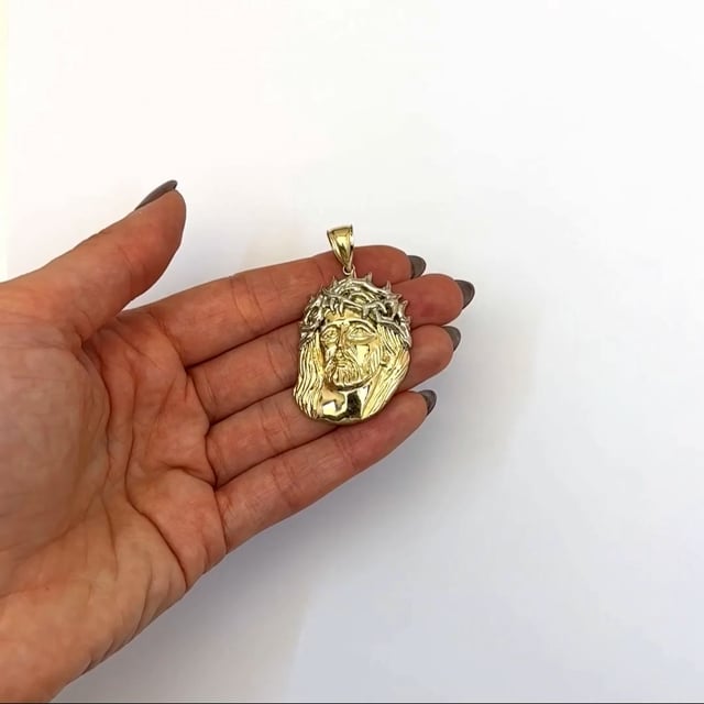 10K Yellow Gold Jesus Face Head Religious Charm Pendant 1.9"