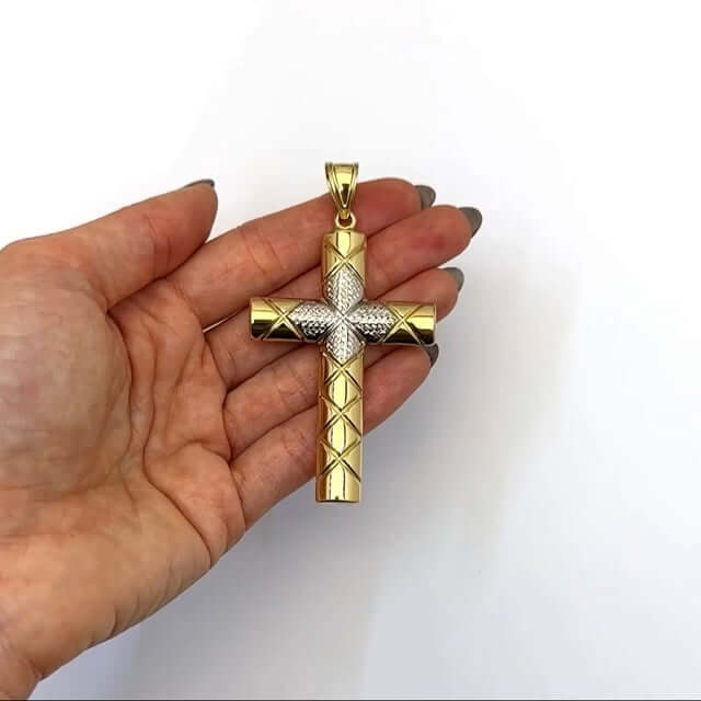 14K Real Gold White Diamond-Cut Cross Pendant 3.1"