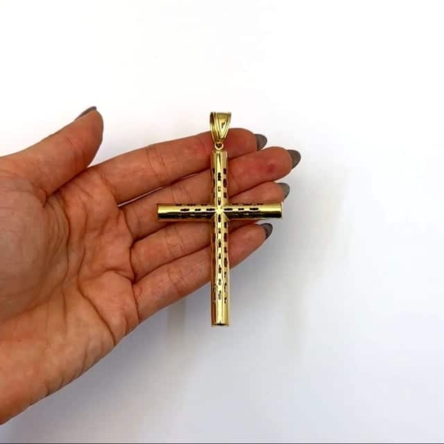 14K Real Gold Cut-Through Ornaments Cross Pendant 3.2"