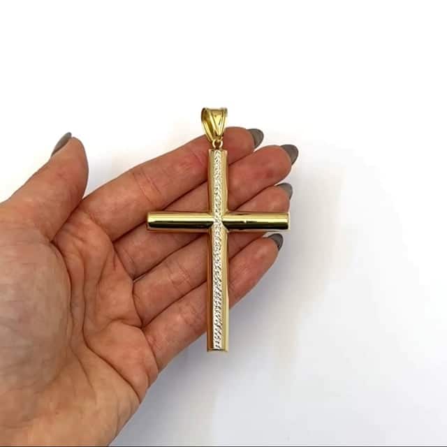 14K Real Gold Yellow White Diamond-Cut Stripe Cross Pendant 3.2"