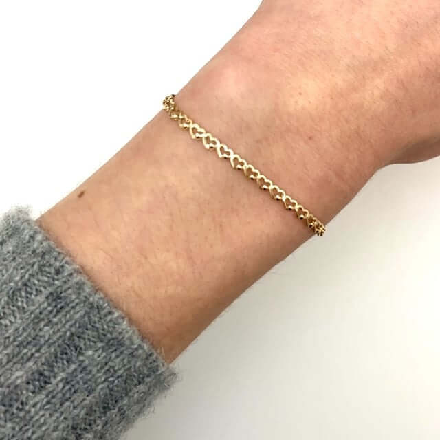 14K Real Gold Yellow 3.2mm Hearts Charm Link Bracelet 7.5"
