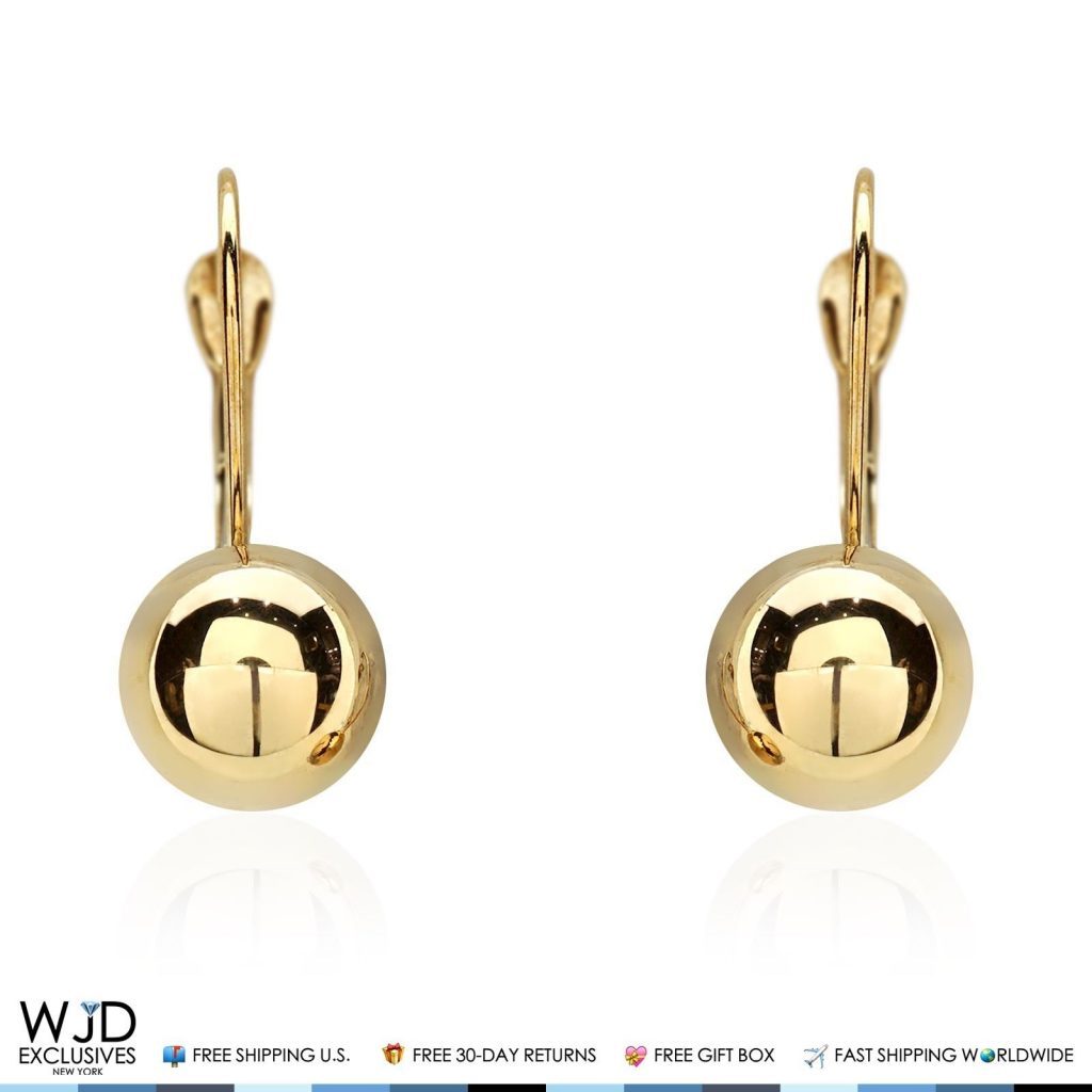 8mm Diameter Ball Lever Back Earrings 14K Solid Yellow Gold 0.8"