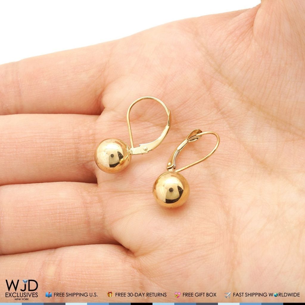 8mm Diameter Ball Lever Back Earrings 14K Solid Yellow Gold 0.8"