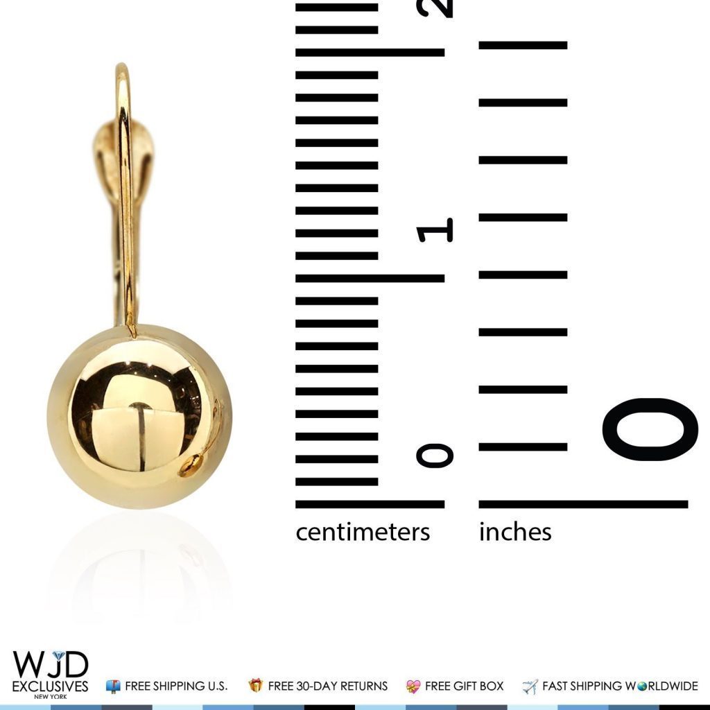 8mm Diameter Ball Lever Back Earrings 14K Solid Yellow Gold 0.8"