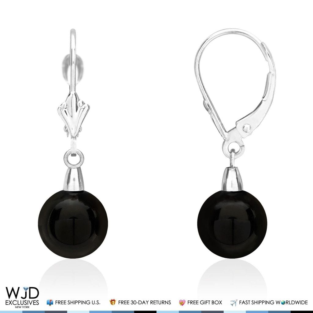 6mm-10mm Diameter Ball Shaped Onyx Dangle Leverback Earrings 14K White Gold