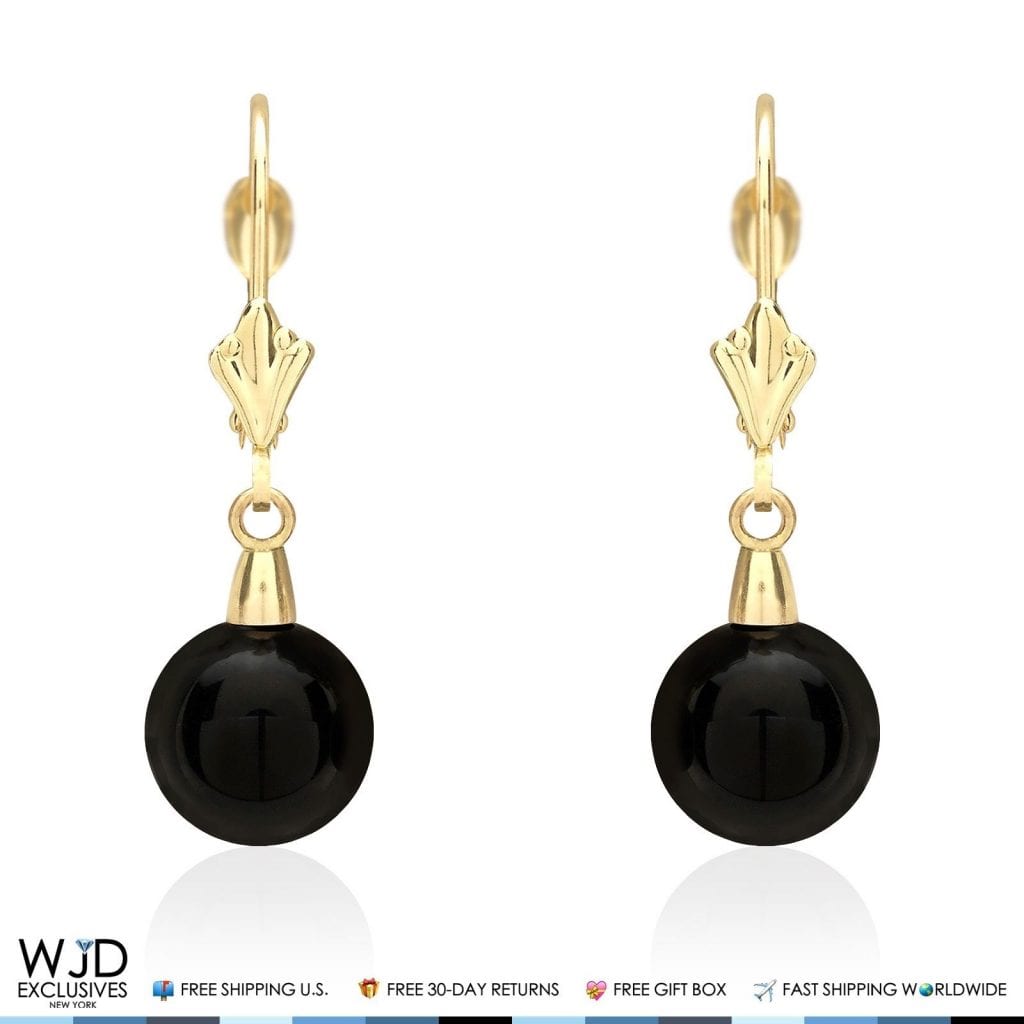 6mm-10mm Diameter Ball Shaped Onyx Dangle Leverback Earrings 14K Yellow Gold