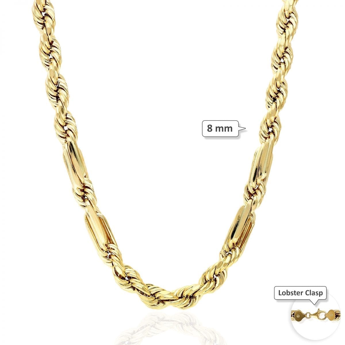 10K Solid Gold Diamond-Cut 4-8mm Milano Hollow Figaro Rope Chain Necklace 20-32"