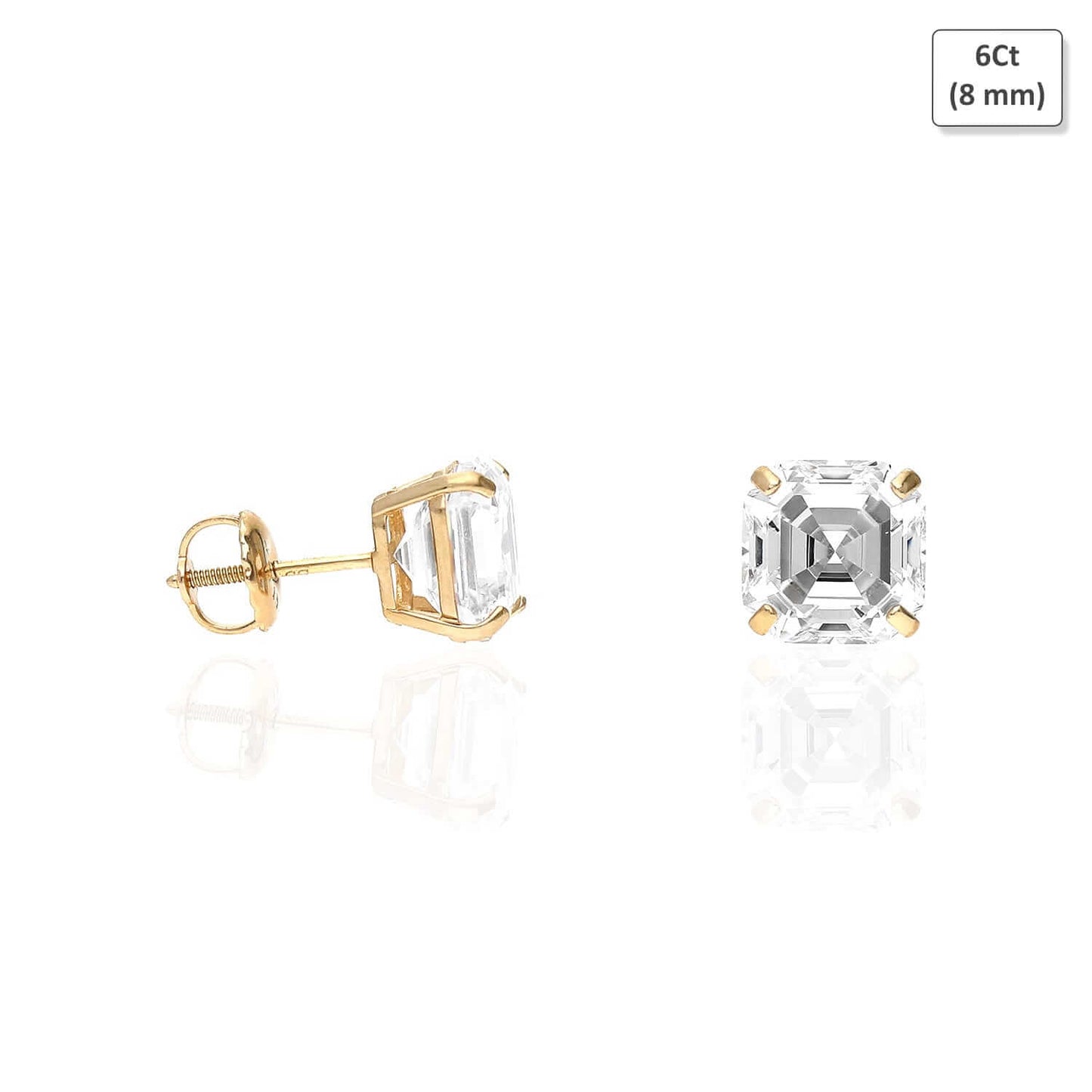 14K Yellow Gold Asscher-Cut CZ Screw Back Stud Earrings 1.5Ct-6Ct