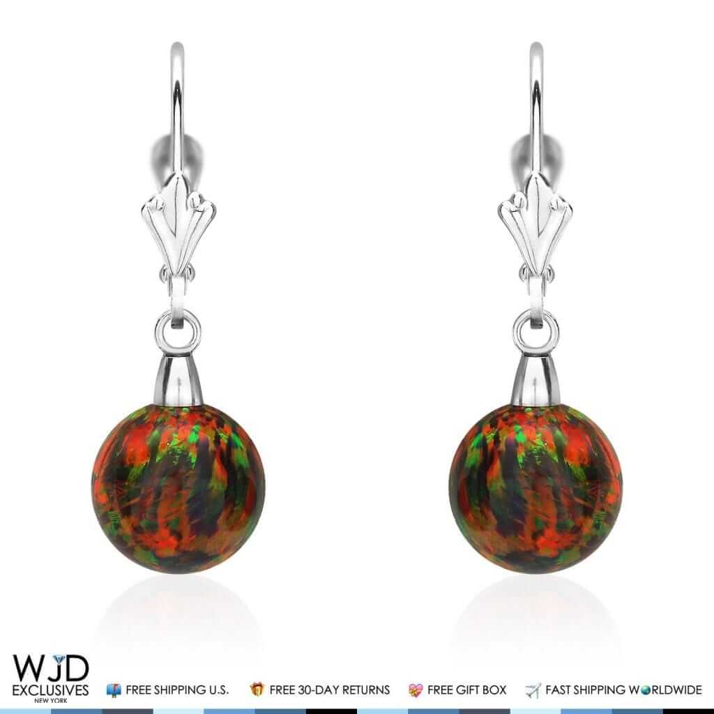 9mm Ball Shaped Black Fire Opal Dangle Leverback Earrings 14K White Gold