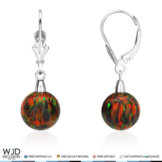 9mm Ball Shaped Black Fire Opal Dangle Leverback Earrings 14K White Gold